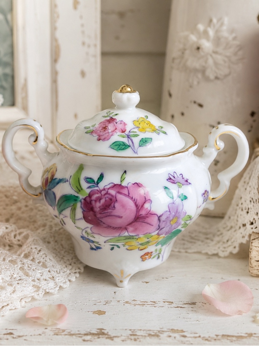 Rosetti Japan Hand Painted Floral Covered Sugar Bowl Vintage Porcelain Trinket